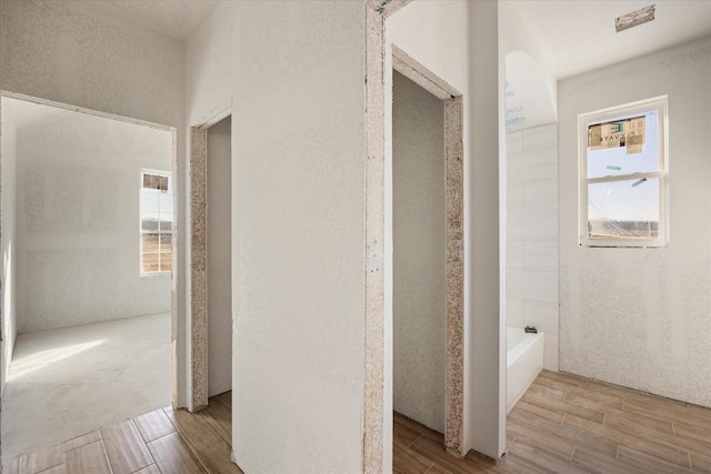 full bathroom featuring a bathtub, wood tiled floor, and plenty of natural light