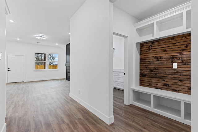 5065 Willie St, Fort Worth, TX 76105 - mudroom featuring wood finished floors, baseboards, recessed lighting, and a fireplace
