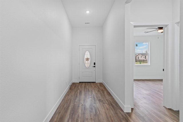 doorway to outside featuring wood-type flooring and ceiling fan