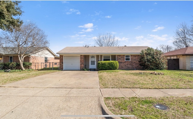 single story home featuring brick siding, concrete driveway, a front yard, fence, and a garage