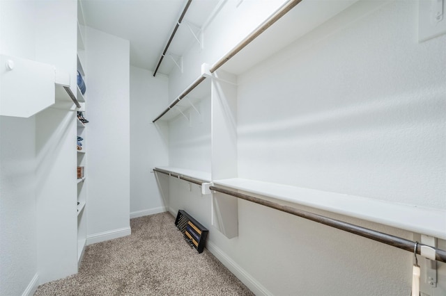 walk in closet featuring light carpet