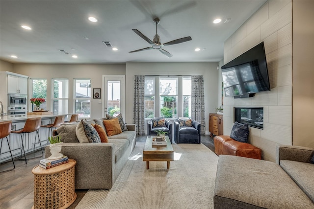 living room with a fireplace and ceiling fan