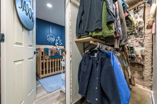 walk in closet with hardwood / wood-style flooring