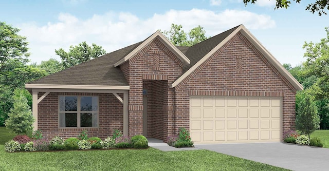 view of front of house with a garage and a front lawn