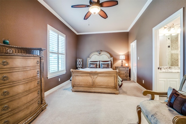 bedroom with crown molding, light colored carpet, and ensuite bathroom