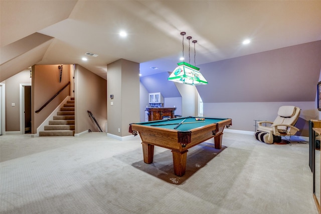 recreation room with pool table, lofted ceiling, and light carpet