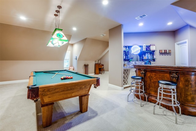 game room featuring vaulted ceiling, indoor bar, light colored carpet, and pool table