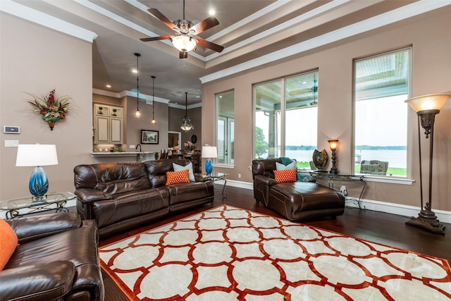 living room featuring a raised ceiling, crown molding, a water view, and hardwood / wood-style flooring