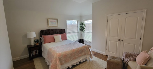 bedroom featuring hardwood / wood-style floors and a closet