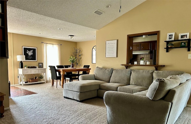 living room with lofted ceiling, carpet, and a textured ceiling