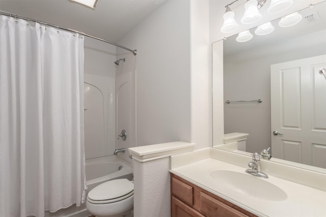 full bathroom featuring vanity, shower / tub combo, and toilet