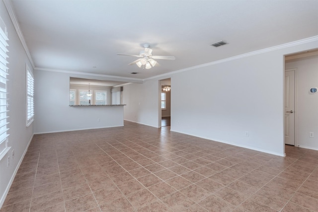 unfurnished living room featuring crown molding, ceiling fan, and light tile patterned flooring