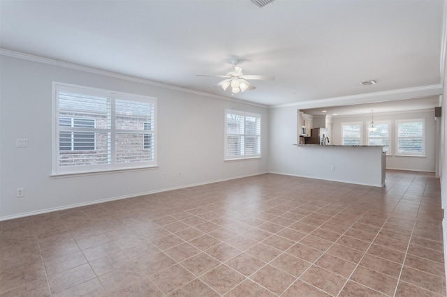 unfurnished living room with ornamental molding, light tile patterned floors, and ceiling fan