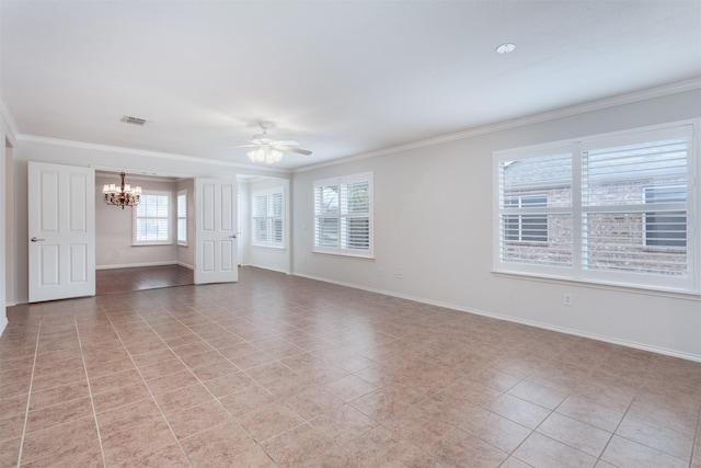 unfurnished room featuring light tile patterned floors, crown molding, and ceiling fan with notable chandelier