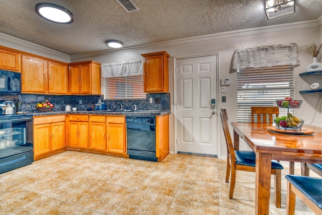 kitchen with sink, decorative backsplash, ornamental molding, black appliances, and a textured ceiling