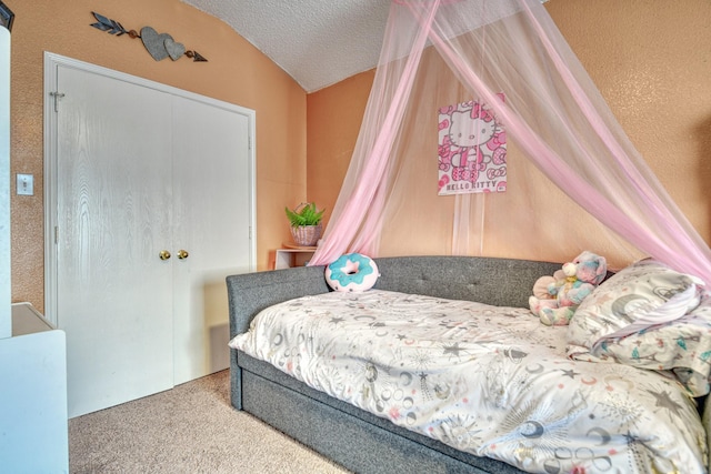 bedroom featuring lofted ceiling, carpet floors, a textured ceiling, and a closet