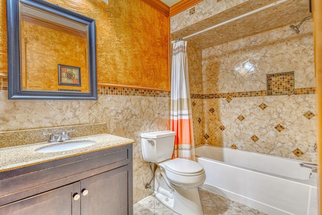 full bathroom featuring shower / tub combo, tile walls, vanity, tile patterned floors, and toilet