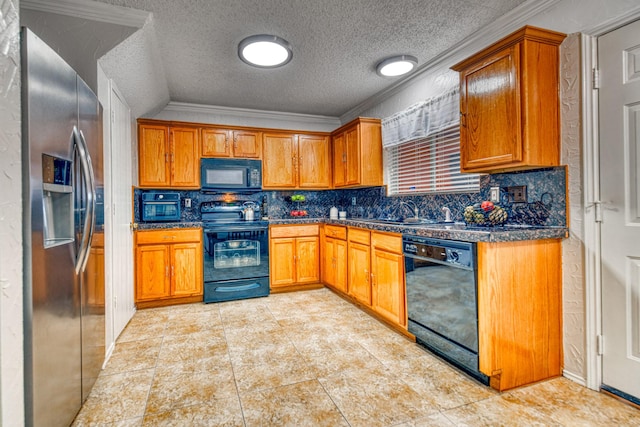 kitchen featuring decorative backsplash, ornamental molding, black appliances, and a textured ceiling