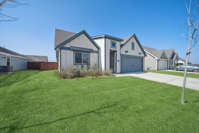 view of front of property featuring board and batten siding, central air condition unit, driveway, and fence