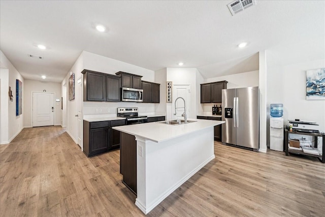 kitchen featuring stainless steel appliances, visible vents, a sink, and light wood finished floors