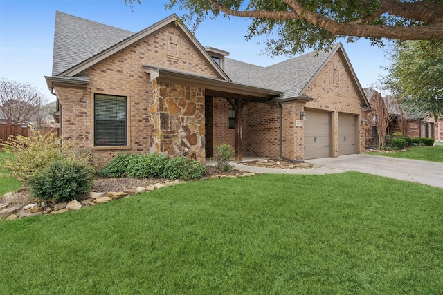 view of front facade featuring roof with shingles, brick siding, and a front yard