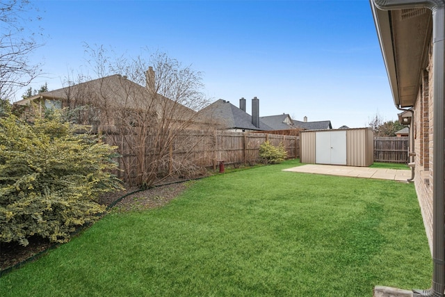 view of yard with a storage unit and a patio area