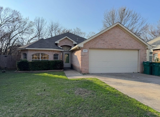 ranch-style house with a garage and a front lawn