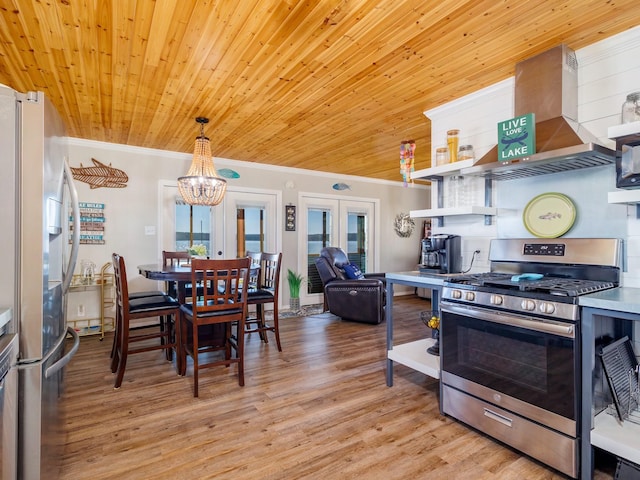 kitchen with hanging light fixtures, light wood-type flooring, wooden ceiling, stainless steel appliances, and range hood