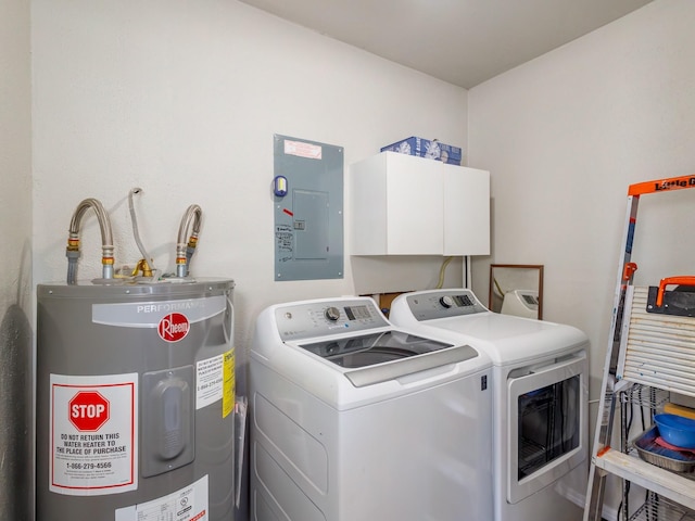 laundry room featuring independent washer and dryer, electric panel, and water heater