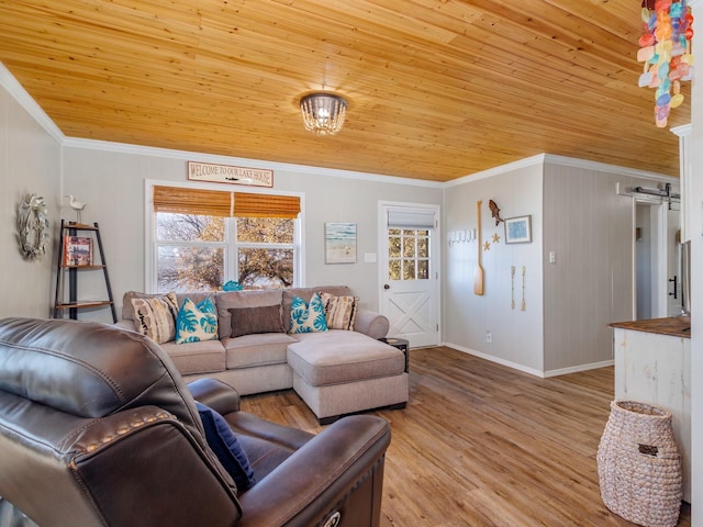 living room with crown molding, light hardwood / wood-style floors, and wooden ceiling