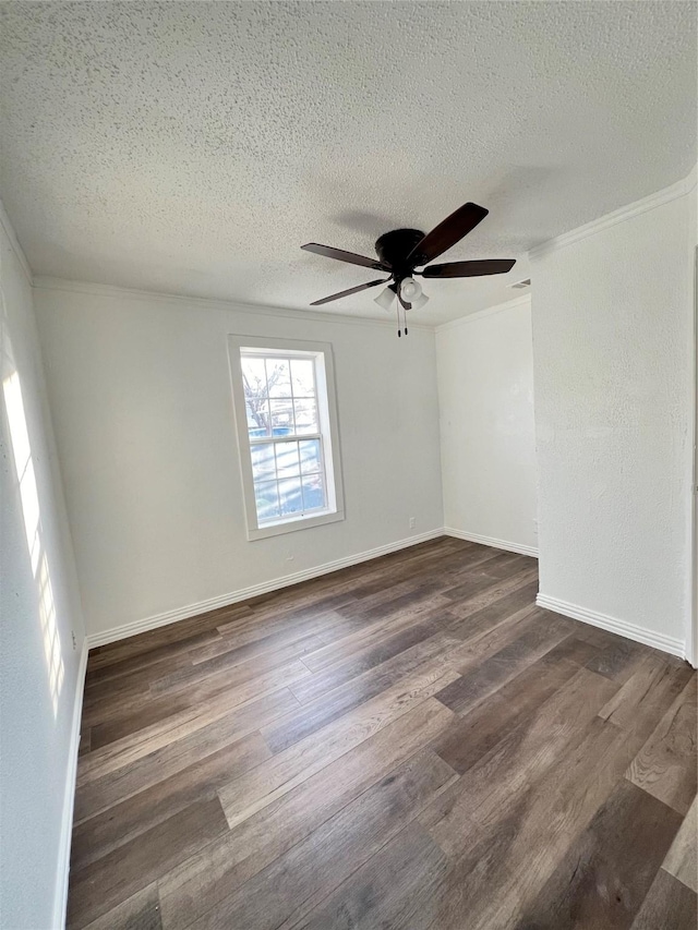 304 Lockwood St, White Settlement, TX 76108 - empty room with a textured ceiling, dark wood finished floors, a ceiling fan, crown molding, and baseboards
