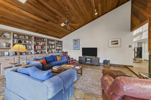 living room featuring high vaulted ceiling, built in features, wooden ceiling, and ceiling fan