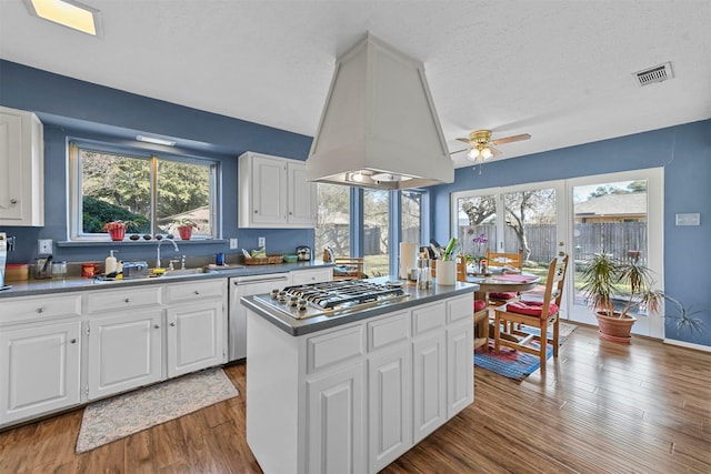 kitchen with custom range hood, appliances with stainless steel finishes, white cabinets, and a kitchen island