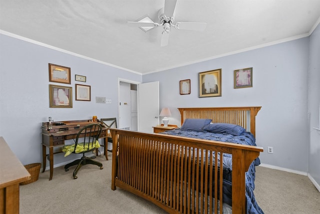 bedroom featuring crown molding, ceiling fan, and light carpet