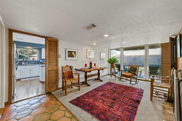 sitting room with a wall of windows, sink, and a textured ceiling