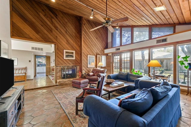 living room featuring wood walls, wood ceiling, high vaulted ceiling, ceiling fan, and a fireplace