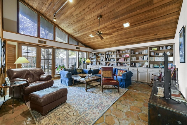 living room with ceiling fan, rail lighting, high vaulted ceiling, and wooden ceiling