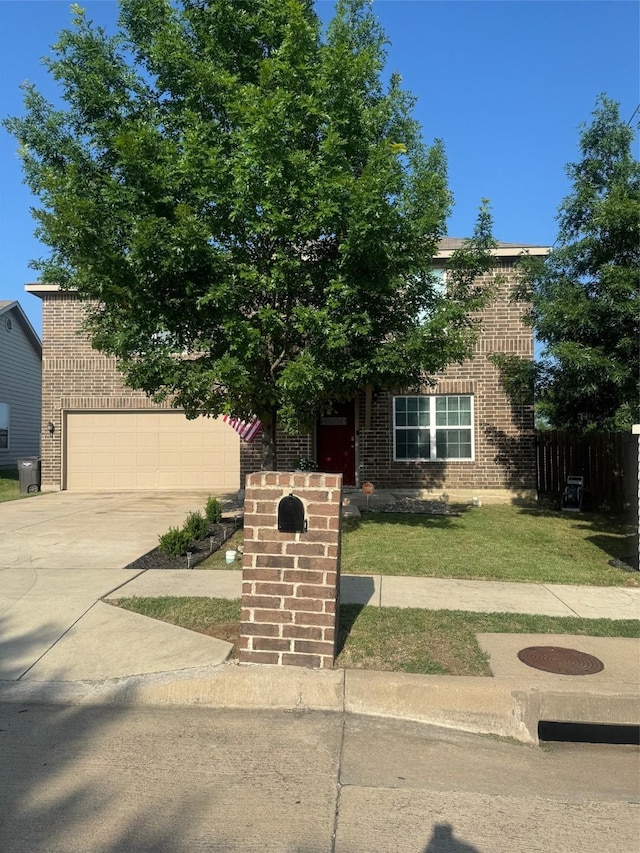 obstructed view of property with a garage, driveway, brick siding, and a front lawn