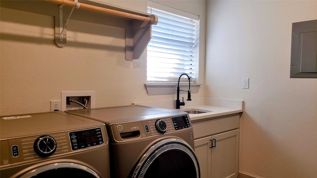 703 San Jacinto St, Mineral Wells, TX 76067 - laundry room featuring separate washer and dryer, cabinet space, and electric panel