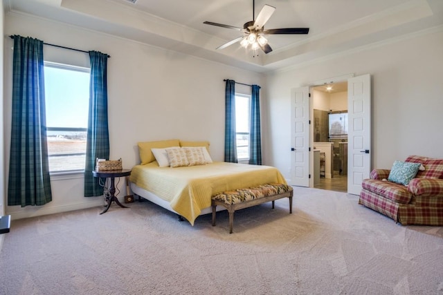 carpeted bedroom featuring multiple windows, ornamental molding, and a tray ceiling