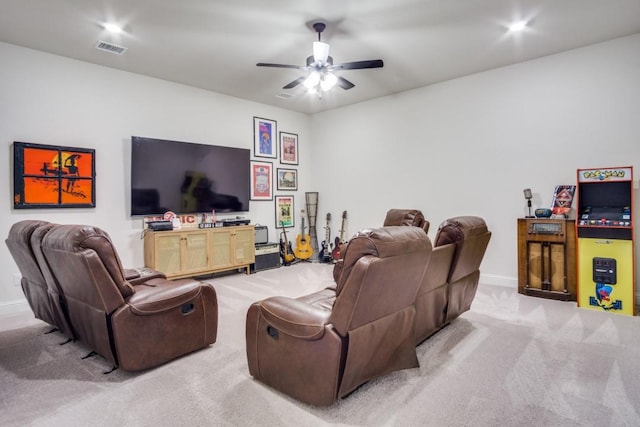 living room with light colored carpet and ceiling fan