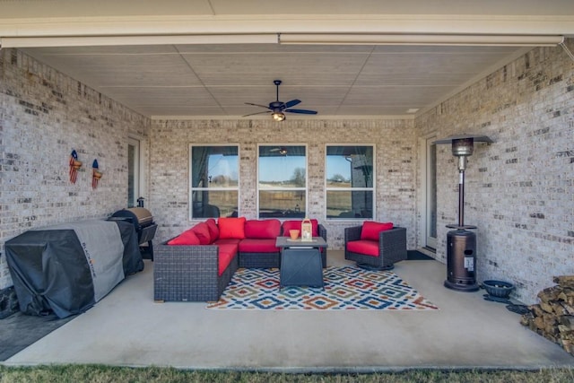 view of patio / terrace with an outdoor living space, ceiling fan, and a grill