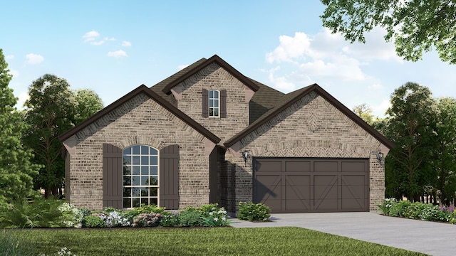 french provincial home with a garage and a front lawn