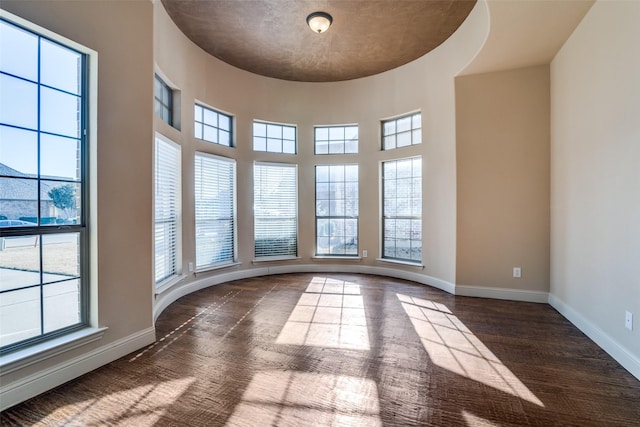 unfurnished room with plenty of natural light, a towering ceiling, baseboards, and wood finished floors