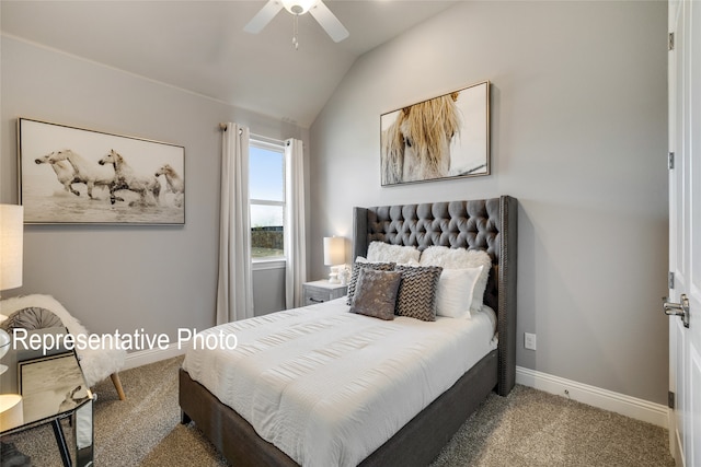 bedroom with carpet floors, ceiling fan, and vaulted ceiling