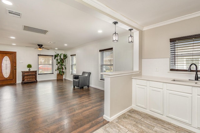 kitchen with sink, white cabinets, decorative backsplash, hanging light fixtures, and light hardwood / wood-style flooring