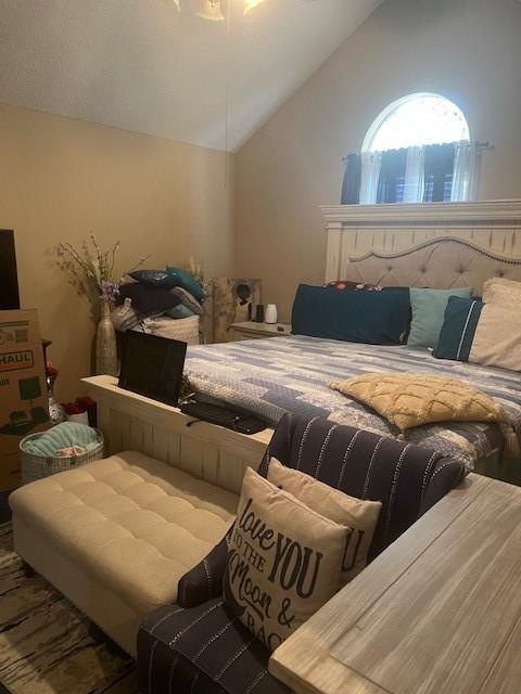 bedroom featuring lofted ceiling