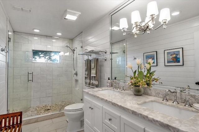 bathroom with vanity, a shower with shower door, and toilet