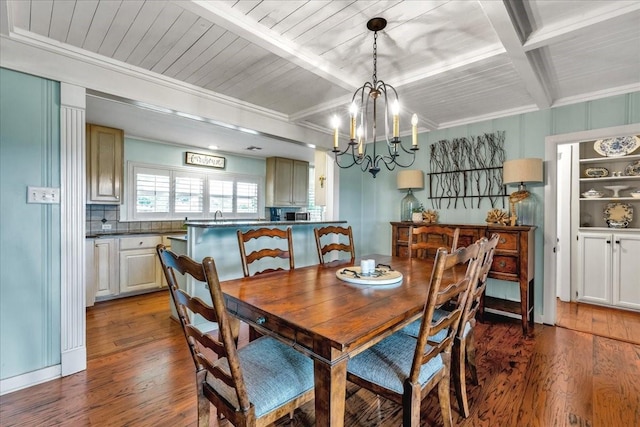 dining room with beamed ceiling, dark hardwood / wood-style floors, and a chandelier