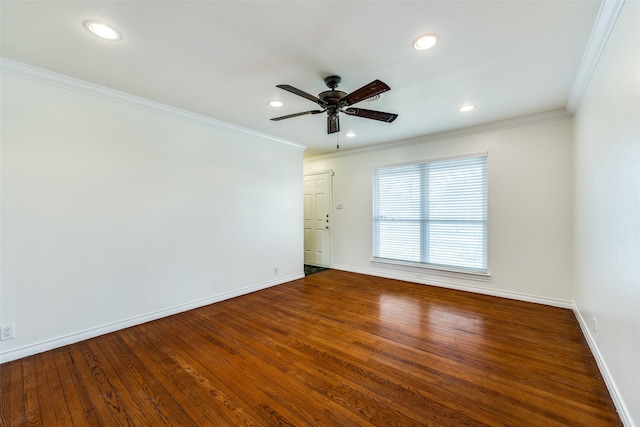 unfurnished room with hardwood / wood-style flooring, ceiling fan, and crown molding